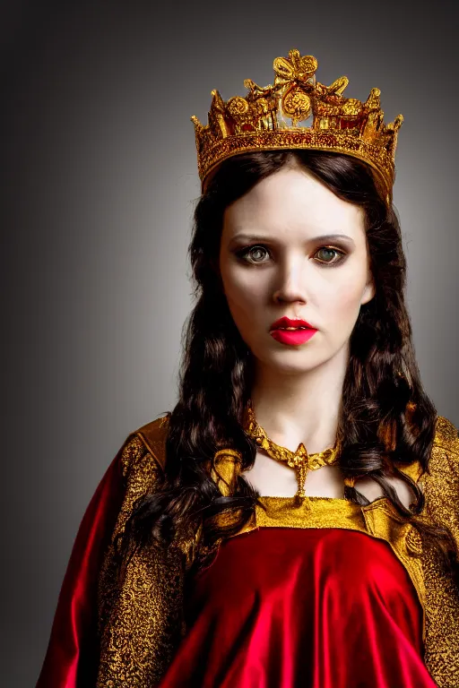Prompt: adult portrait of historically accurate, ancient biblical, sultry, sneering, evil, pagan, wicked, young queen jezebel, wearing gilded red robes, long black hair, intricate, elegant, highly detailed, digital photograph, photorealistic, 8k, cinematic, smooth, sharp focus