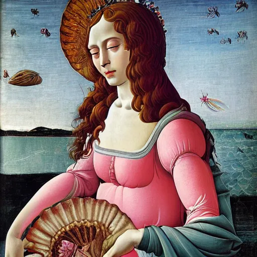 Image similar to an ultradetailed mythological oil painting of a beautiful woman with long brown hair, full body, wearing pink floral chiton, lying within a giant scallop shell, near the seashore, intricate lines, elegant, renaissance style, by sandro botticelli