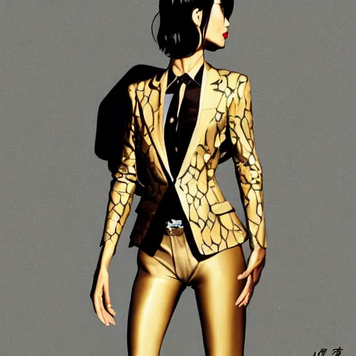 Image similar to yakuza slim girl, gold suit jacket in snake print, jacket over bare torso, yakuza tattoo on body, black short curtain haircut, black leather pants with black belt, elegant, 2d, ultra highly detailed, digital painting, smooth, sharp focus, artstation, art by Ilya Kuvshinov