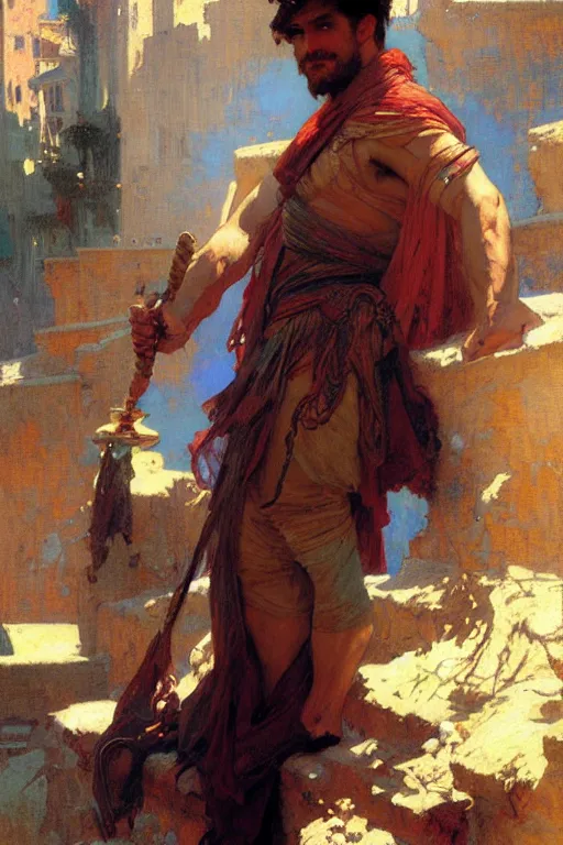 Image similar to attractive man, rome, cool colors, painting by gaston bussiere, craig mullins, greg rutkowski, alphonse mucha