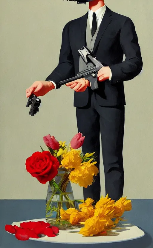 Image similar to beautiful still life featuring blooming flowers and a hand gun, very coherent, painted by Edward Hopper, painted by James Gilleard, airbrush, art by JamesJean