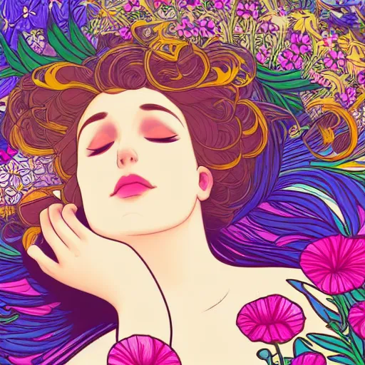 Image similar to a woman sleeping in the middle of flowers, confident pose, intricate, elegant, sharp focus, illustration, highly detailed, concept art, matte, trending on artstation, lisa frank, alfons mucha