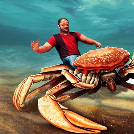 Prompt: man riding a giant crab