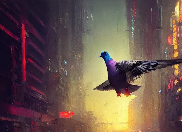 Prompt: A pigeon, oil painting, cyberpunk, 4k, soft lighting, in the style of Jeremy Mann and Marc Simonetti, magical realism