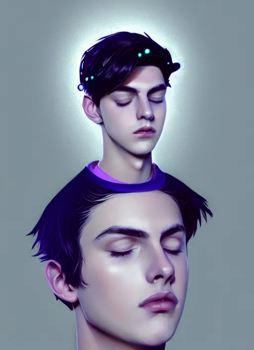 Image similar to portrait of teenage jughead jones wearing a light grey crown, photorealistic, crown, purple shirt, eyes closed, crown, black hair, intricate, elegant, glowing lights, highly detailed, digital painting, artstation, concept art, smooth, sharp focus, illustration, art by wlop, mars ravelo and greg rutkowski