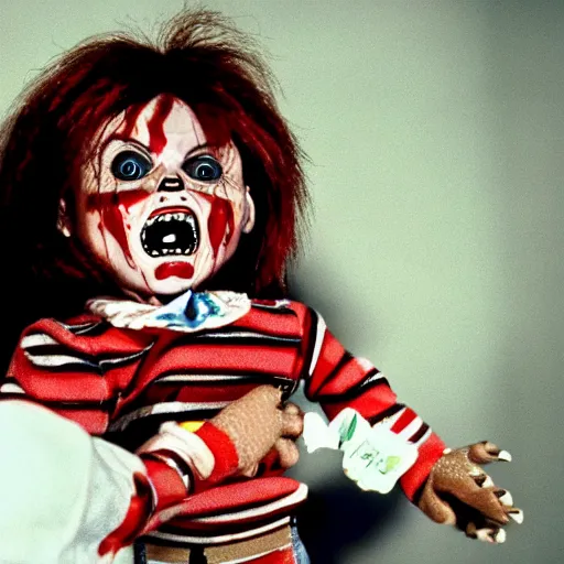 Prompt: Chucky the killer doll being held by Johnny Depp playing Charles Lee Ray