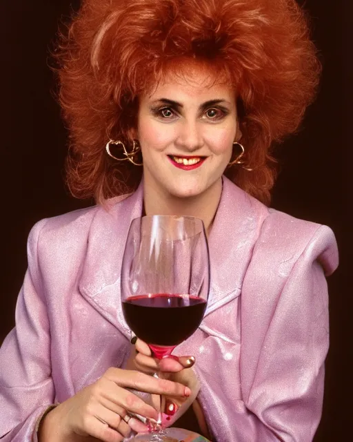 Prompt: a gaudy 1 9 8 0 s portrait of a woman with 1 9 8 0 s hair, holding an oversized glass of wine