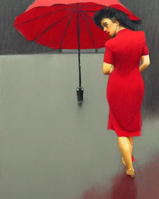 Image similar to a jack vettriano portrait painting of a woman wearing a red dress dancing in the pouring rain