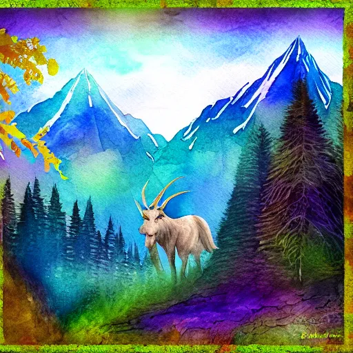 Prompt: the beautiful mountains with a presence of mythical creatures, digital art, watercolor