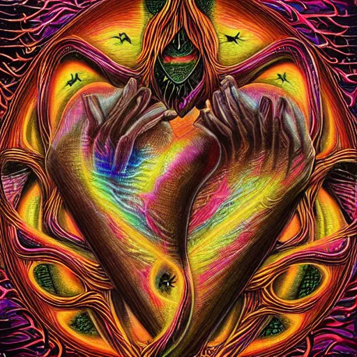 Image similar to medieval fantasy heart broken in two pieces, by alex grey, TOOL band art, psychedelic, fractals, detailed, 8K