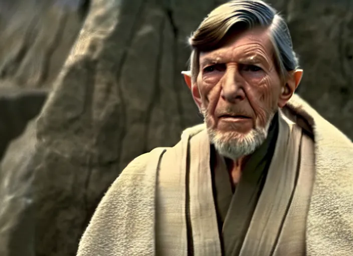 Image similar to young leonard nimoy as obi - wan kenobi, wearing a robe, in star wars : the force awakens ( 2 0 1 5 ). movie still