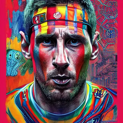 Image similar to peripheral lobotomy of messi, in the style of cyborg adi granov, colourful hand drawing, beautiful faces, dramatic, tragic, intricate, detailed, beautiful