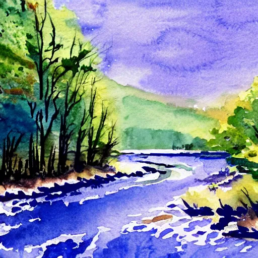 Prompt: river, mountains, beautiful trees, watercolor painting