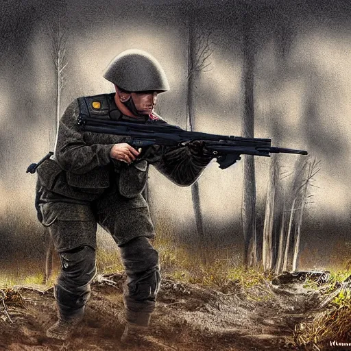 Image similar to putin with firearms, fighting in trenches somewhere in ukraine, highly detailed digital painting