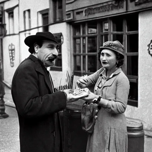 Image similar to soup Nazi telling Elaine no soup for you outside of beer hall in Munich 1930, black and white, 8k,