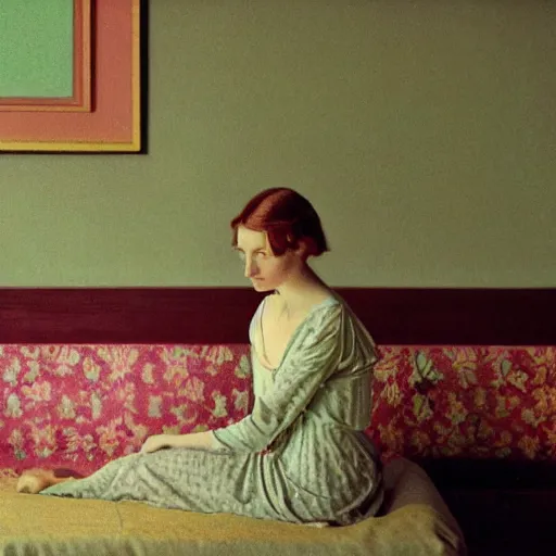 Image similar to close - up of a beautiful flowery girl in a liminal room, film still by wes anderson, depicted by balthus, limited color palette, very intricate, art nouveau, highly detailed, lights by hopper, soft pastel colors, minimalist