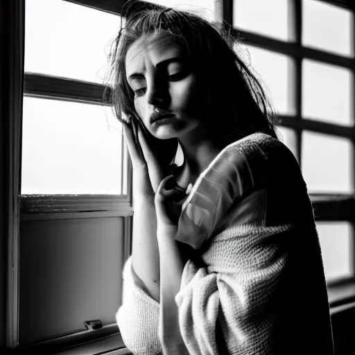 Prompt: black and white photography of highly detailed beautiful depressed Woman with detailed face in the heroine chique style standing by the window, vintage, natural light, sigma 24 f2.8