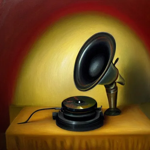 Image similar to Oil painting of a gramophone with a disc