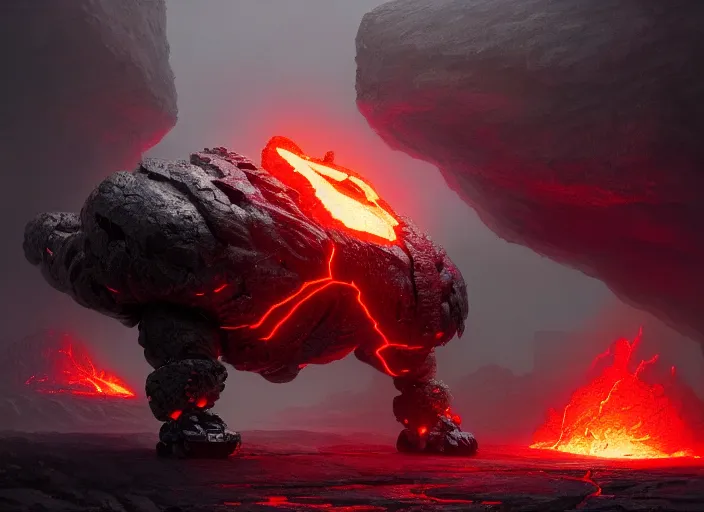 Image similar to epicly designed very muscular stone obsidian robot with human body fighting a deadly beast made from lava with background by greg rutkowski, trending on artstation