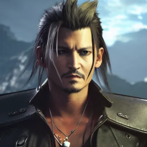 Image similar to johnny depp in final fantasy vii remake, character render, full body shot, highly detailed, in game render