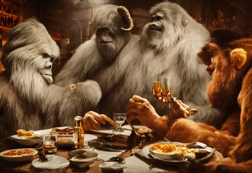 Prompt: accidentally wes anderson award - winning photograph of yeti and bigfoot eating lung in paris restaurant, accidental renaissance, golden ratio, fibonacci composition, 4 k, detailed, art by greg rutkowsky, trending on artstation, cinematic lighting, filmic grain, golden hour, detailed, 4 k