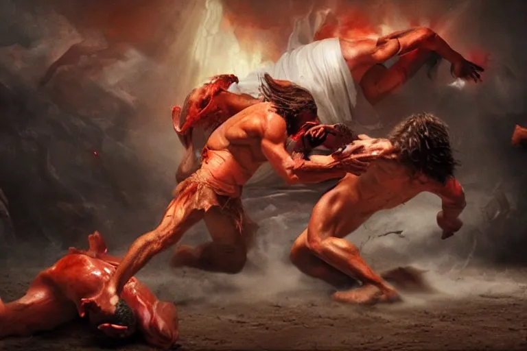 Image similar to hyperrealistic photo of Jesus Christ pummeling red-skinned Satan devil Lucifer in the face on the floor to a pulp, 8k cinematic, epic fight scene, stunning composition, DSLR focus on the subjects