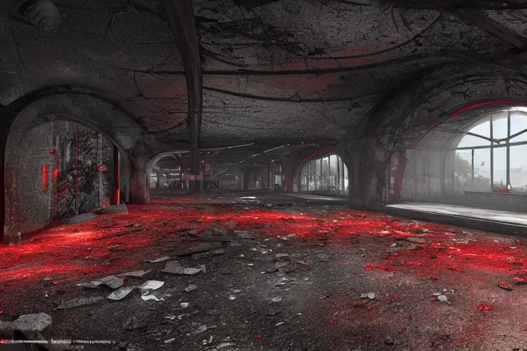 Prompt: ruined, abandoned, underground metro station, seen from inside. Pitch black darkness, red flares on the ground is the only lightsource. Smoke. Dirt, leaves on ground. Unreal Engine. Substance painter. Zbrush. Trending on artstation. 8K. Highly detailed.
