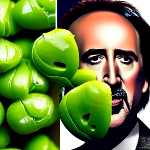 Image similar to not the bees with nicholas cage, but with peas