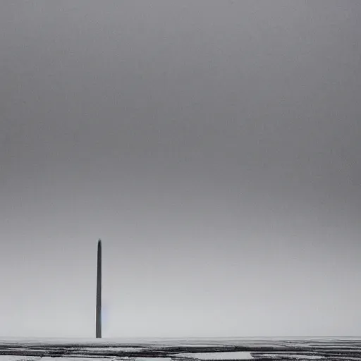 Image similar to a large obelisk on a flat plain of ice. grainy, overcast sky, snowing.