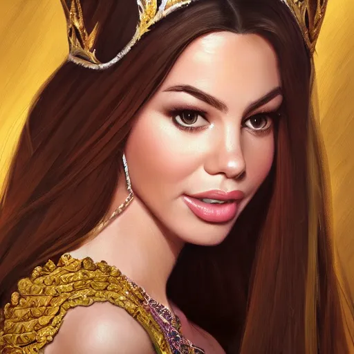 Image similar to a portrait of a woman who looks like a mix between sofia vergara and victoria justice as an arabian princess in a disney movie, crown!! oil painting, pale colors, high detail, 8 k, wide angle, trending on artstation,