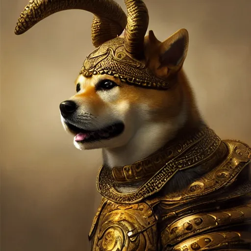 Image similar to detailed photorealistic painting of a shiba inu wearing a highly detailed ornamented bronze typical viking helmet with two horns, sharp focus in the style of ruan jia, Mandy jurgens, cinematic light, concept art, trending on artstation, ultra realistic