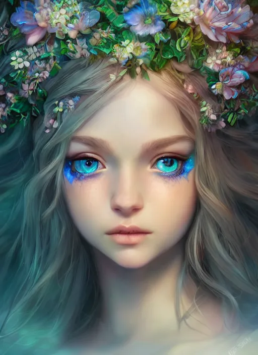 Prompt: portrait of a gorgeous fairy princess of the forest, perfect blue eyes, detailed iridescent floral pattern skin, ultra realistic, cinematic lighting, depth of field, artstation, artgerm, NeoArtCorE