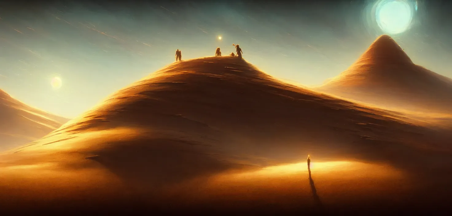 Prompt: Dune, concept art, low angle, high detail, warm lighting, volumetric, godrays, vivid, beautiful, trending on artstation, by Jordan grimmer, huge scene, grass, art greg rutkowski