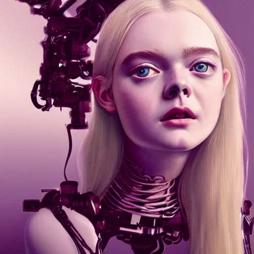 Image similar to a striking hyper real illustration of Elle Fanning with cybernetics by Gustavo Doré