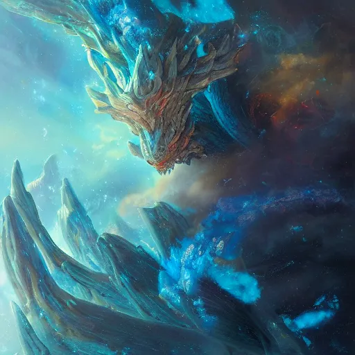 Prompt: prompt crystalline blue dragon in space, devouring a planet, planets, sun system, nebula, oil painting, by Fernanda Suarez and and Edgar Maxence and greg rutkowski