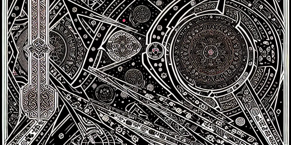 Prompt: ancient ornate carpet, high details, bold line art, by vincent di fate and joe fenton, inking, etching, screen print, masterpiece, trending on artstation, sharp, high contrast, hyper - detailed,, hd, 4 k, 8 k