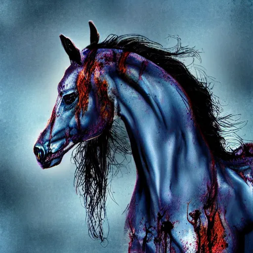 Image similar to wispy ink horror, neochrome colors, zombie horse, realistic render, photo pic by matte painting