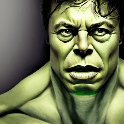 Image similar to elon musk as the incredible hulk, trending on artstation, ultra realistic, portrait, only head and shoulders, fine detail, intricate hair, fine textures, soft shadows, hdr, digital art