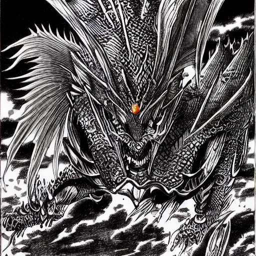 Image similar to Automaton fire dragon spirit, drawn by Kentaro Miura, ink, manga, maximalist, high detail, 8k