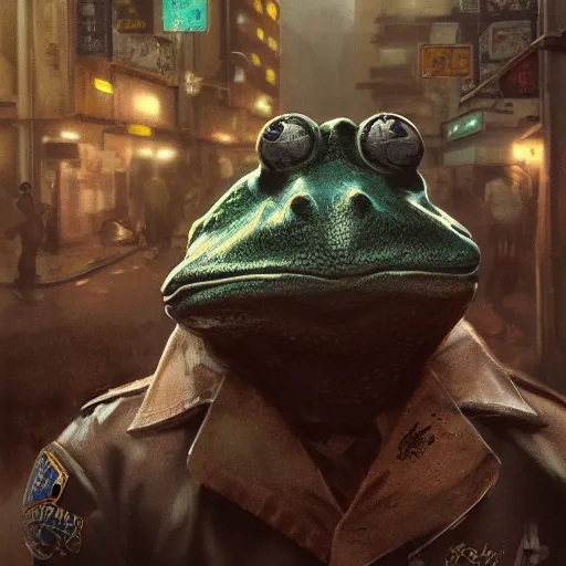 Image similar to a chain smoking frog cop, beating criminals to a pulp on the dirty streets of tokyo, highly detailed, digital painting, artstation, concept art, smooth, sharp focus, 8k, photorealistic, 25mm f/1.7 ASPH Lens, ultra realistic steampunk illustration, art by greg rutkowski and alphonse mucha