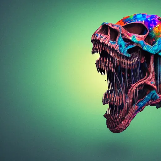 Image similar to t - rex skeleton drinking a giant ipa, intricate complexity, inverted rainbow drip paint, psychedelic glitch art, trending on art station, photoreal, 8 k, octane render