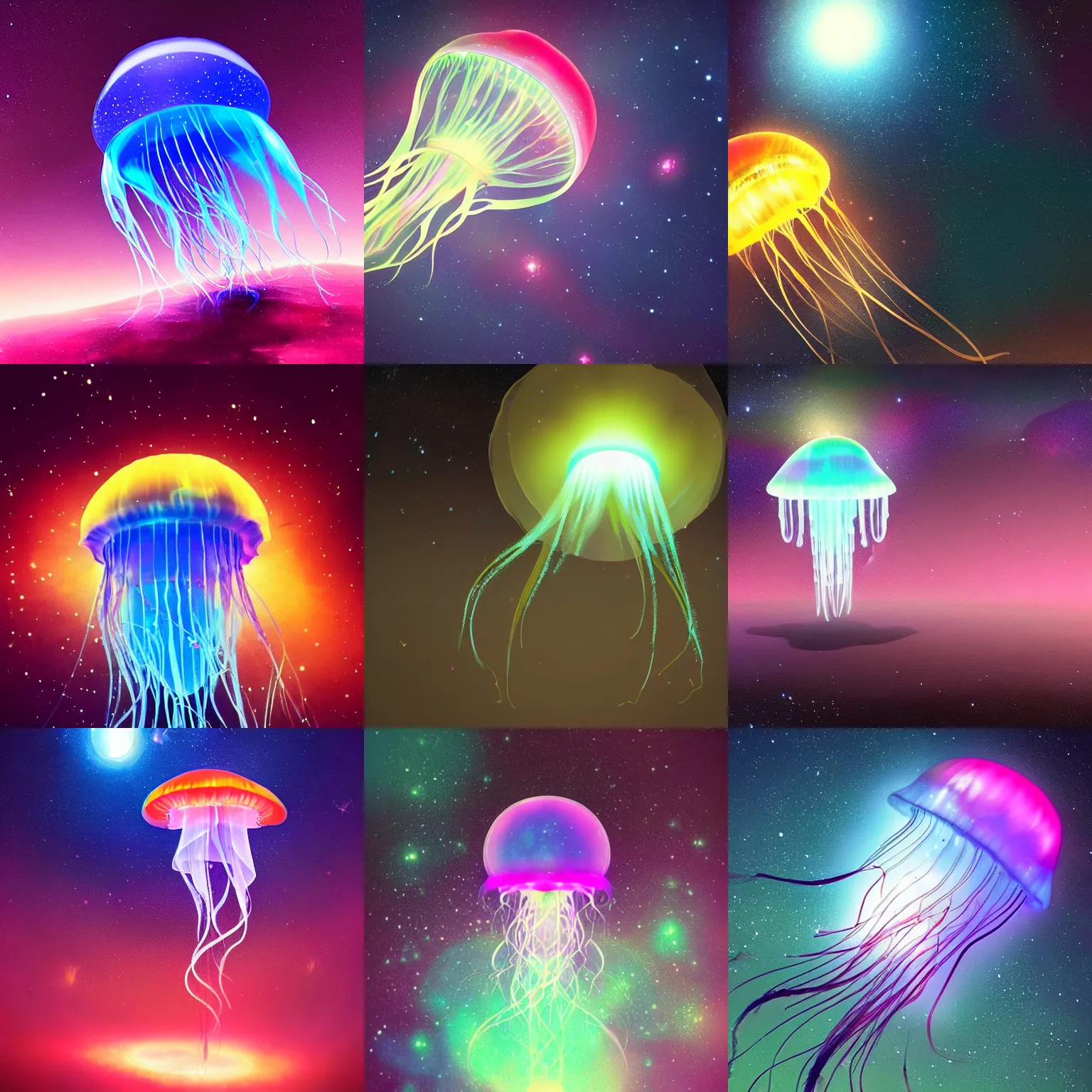Prompt: beautiful photo of a magic glowing jellyfish in space, stars, cosmic dust, award winning photo, atmospheric, desolate, artstation