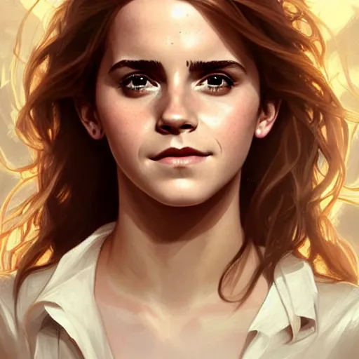 Image similar to Emma Watson as Hermione Granger. Happy. Cheerful. Western. Closeup. Fantasy. Intricate Elegant. Highly detailed. Digital painting. Artstation. Concept art. Matte. Sharp focus. Illustration. Art by Artgerm and Greg Rutkowski and Alphonse Mucha