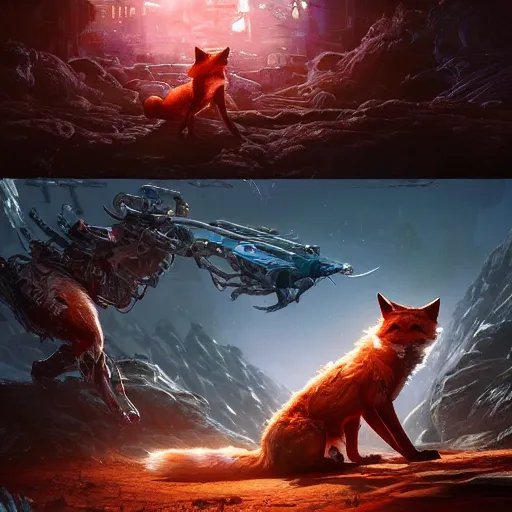 Prompt: a beautiful photograph of a biopunk wolf fighting a cyborg fox. intricate, epic lighting, cinematic composition, hyper realistic, 8 k resolution, unreal engine 5, by artgerm, tooth wu, dan mumford, beeple, wlop, rossdraws, james jean, marc simonetti, artstation