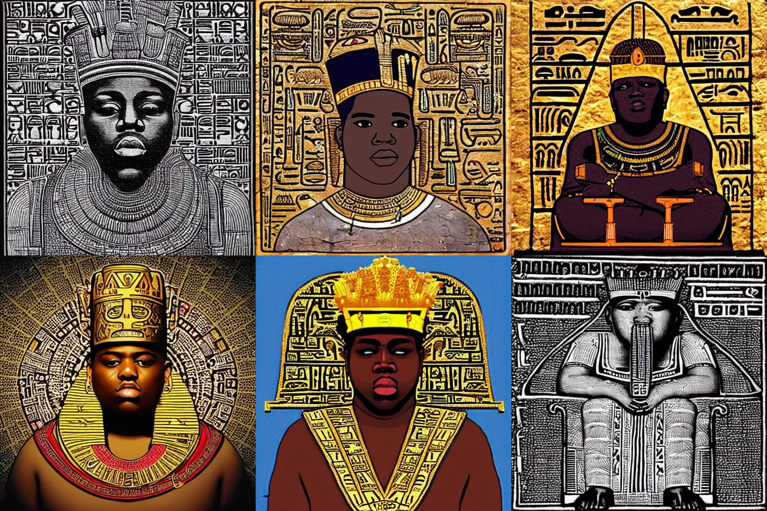 Prompt: “Notorious B.I.G. as Pharoah king in hieroglyphics”