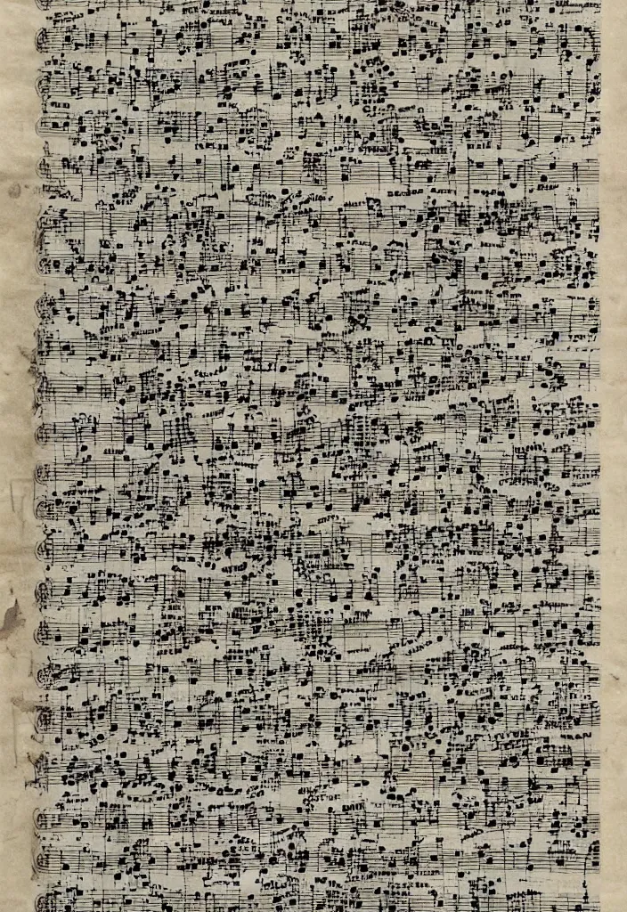 Image similar to haunted music sheets, hyper detailed, stained paper, clear calligraphic musical notes, horror,