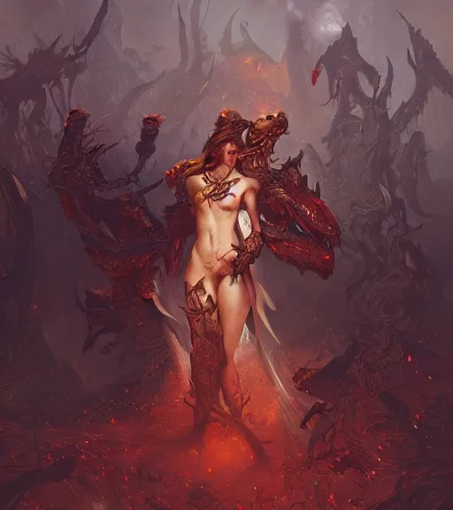 Image similar to demons, full dress, full body portrait, gentle, female, ruins landscape, d & d, fantasy, intricate, elegant, highly detailed, digital painting, red gold color palette, artstation, octane render, concept art, matte, sharp focus, illustration, hearthstone, art by artgerm and greg rutkowski and alphonse mucha