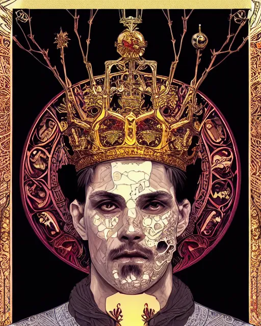 Prompt: symmetrical, centered, young and handsome god close - up portrait wigh crown made of skulls. artwork by tooth wu and wlop and alena aenami and alphonse mucha, brian froud, pablo amaringo