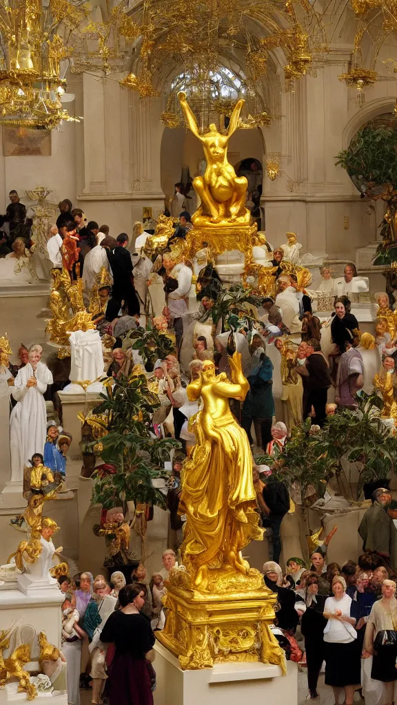 Image similar to a crowd of people pray a golden rabbit statue god in up center, botanical room by john singer sargent