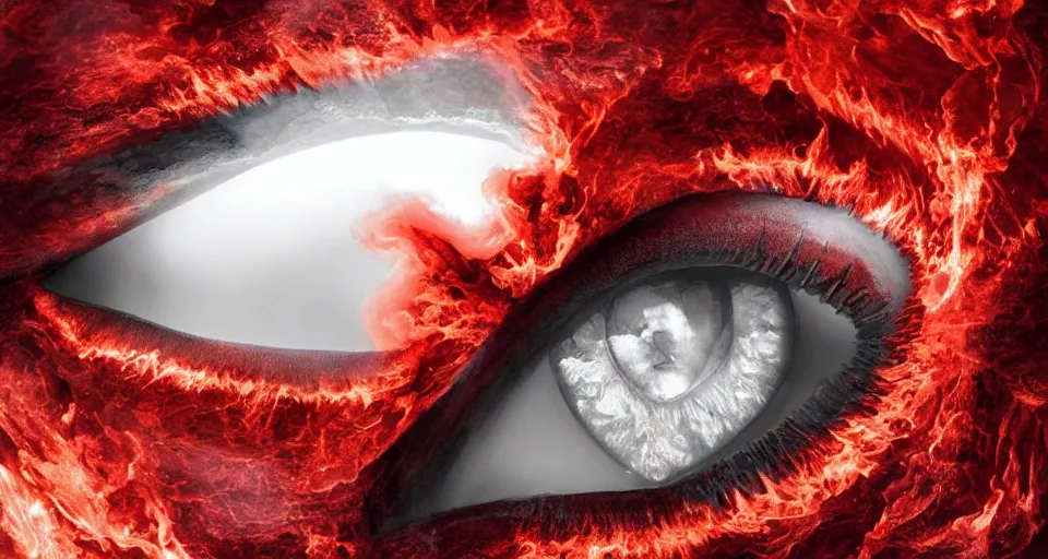 Prompt: a volcano made of ivory vines and crimson rocks enters in eruption, it spits a smoke in the shape of demonic eye, by ARTGERM